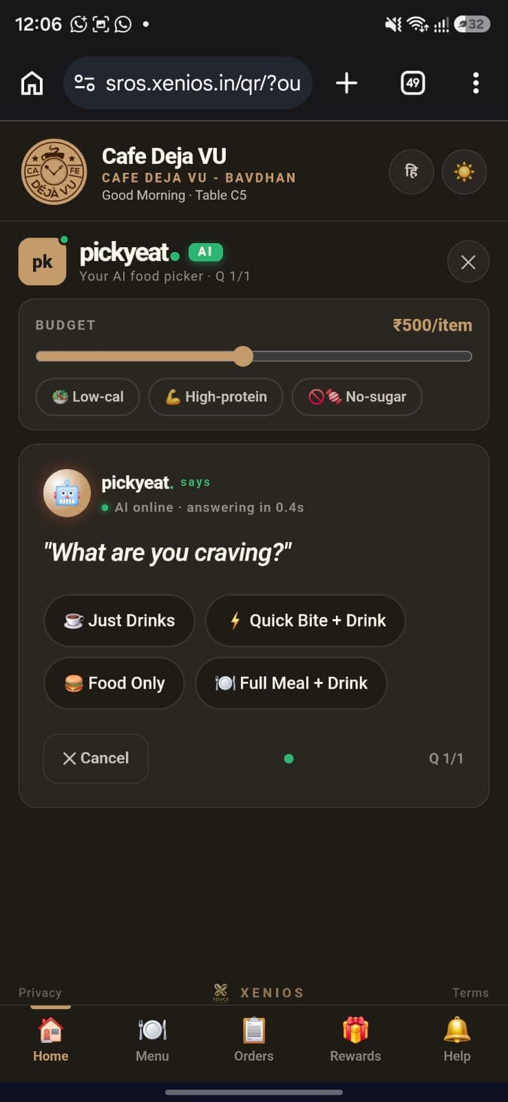 PickyEat conversational AI ordering with budget and dietary chips