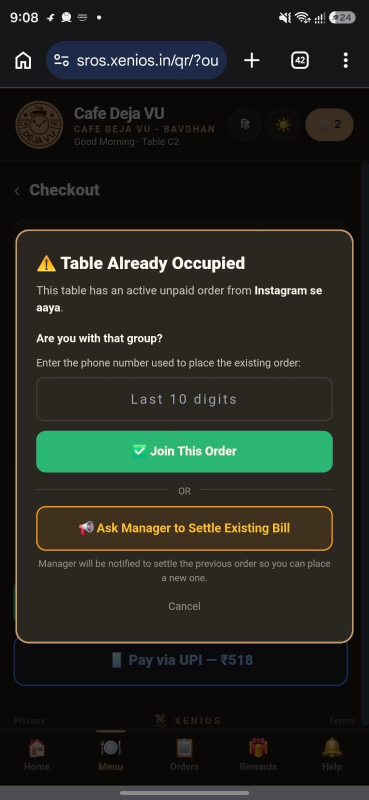 Guest watching live order status — placed, in kitchen, on the table